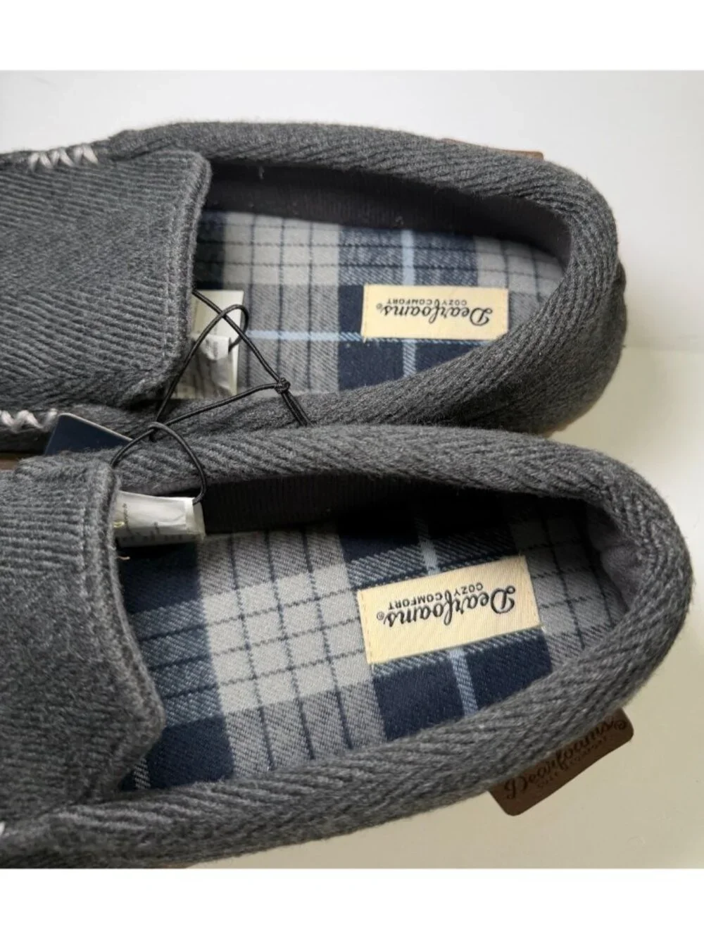 Dearfoams Mens Moccasin Slippers Size S 7-8 Gray Herringbone Memory Foam NWT